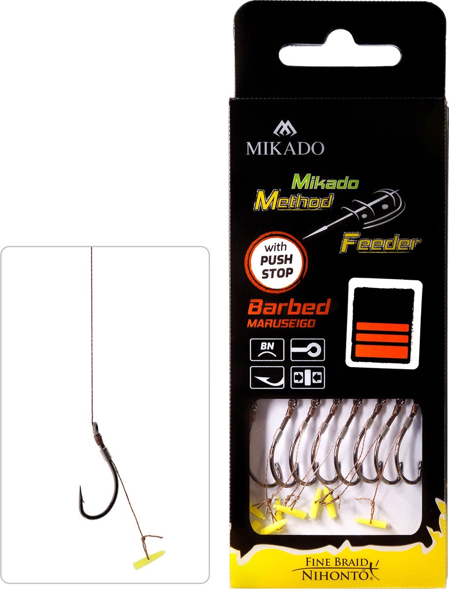 Method Feeder Onderlijn met Push Stop – 0,12 mm Gevlochten – Haakmaat 12 – 10 cm – 8 Stuks – Mikado
