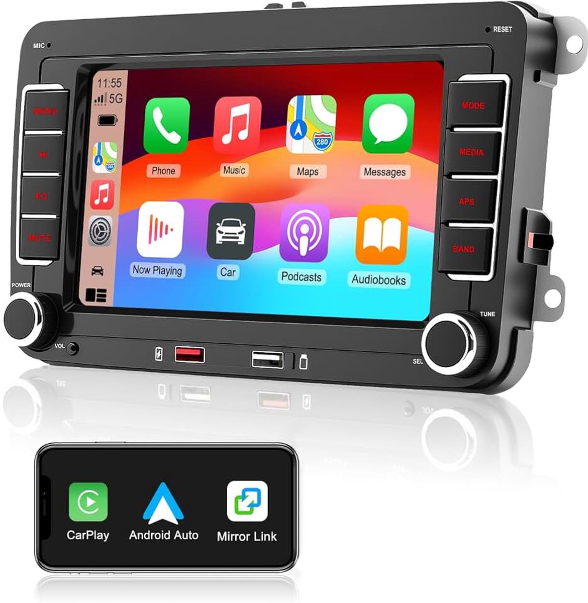 Autoradio met scherm en Bluetooth voor VW Golf 5/6, Passat, Skoda, Polo, T5, Jetta, Tiguan, Touran, EOS; 7" Touchscreen, Draadloze CarPlay & Android Auto, Bluetooth, Mirror Link, FM/AM/RDS +