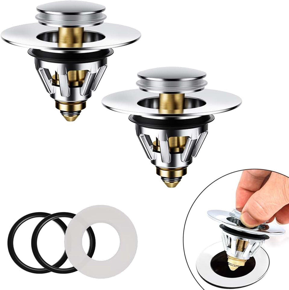 2 stuks vervanging voor wastafelstekker, pop-up gootsteenplug voor afvoergaten van 34-45 mm, universele gootsteenplug met afvoerzeef voor wastafel