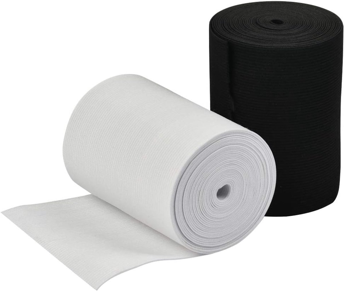 2 stuks elastische band, elastische naaiband, rol van polyestergaren, wit en zwart elastiek, polyesterband, multifunctioneel voor knutselen, naaien, wikkelen, 10 cm x 4 m x 0,8 mm