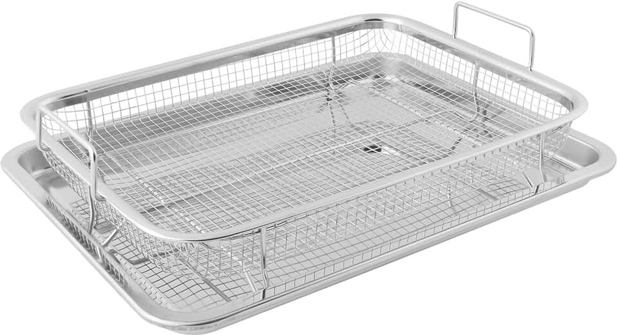 Mandenset, 33 x 22 x 5,5 cm (13,0 x 8,7 x 2,2 inch) Air Fryer Mand voor Oven, Roestvrijstalen Mand met Tong voor Familiemaaltijden, Gelijkmatig Verwarmen, Gemakkelijk te