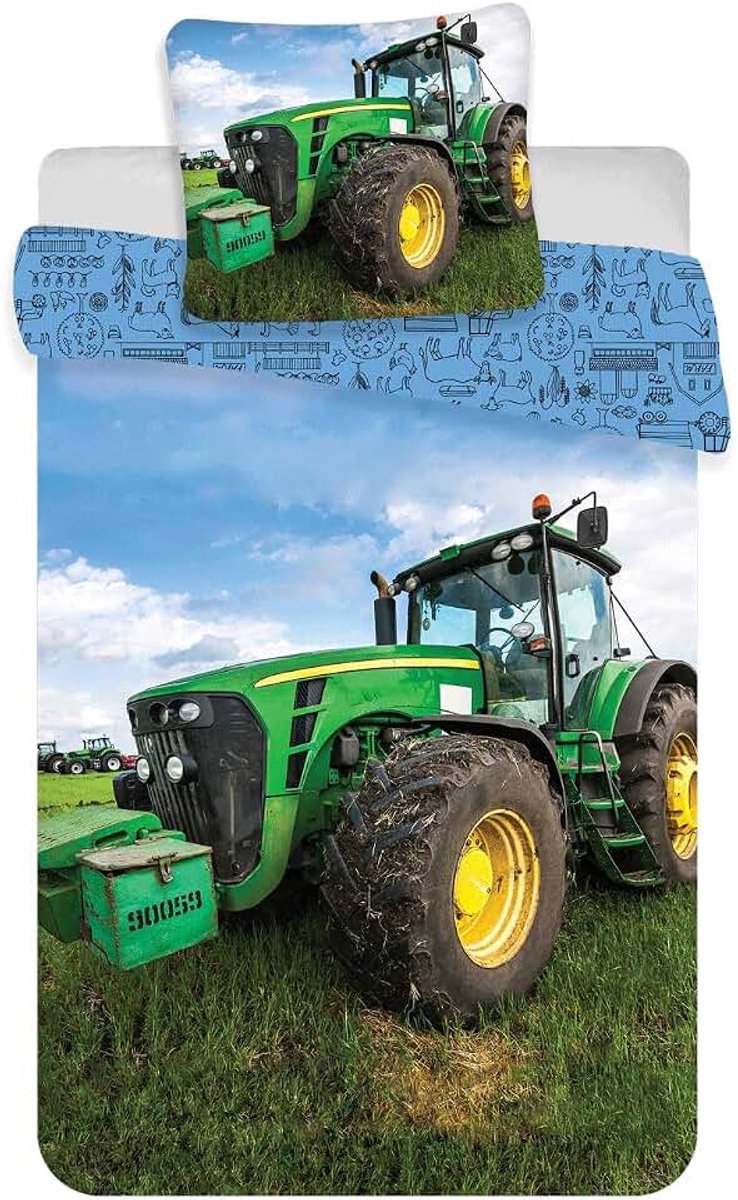 Babydekbedovertrek 100x135 + Kussensloop 40x60 Katoen | Omkeerbaar baby beddengoed | Natuurlijk katoen zacht ademend | Tractor design | Jongens 0-3 | Ledikant | Machinewasbaar