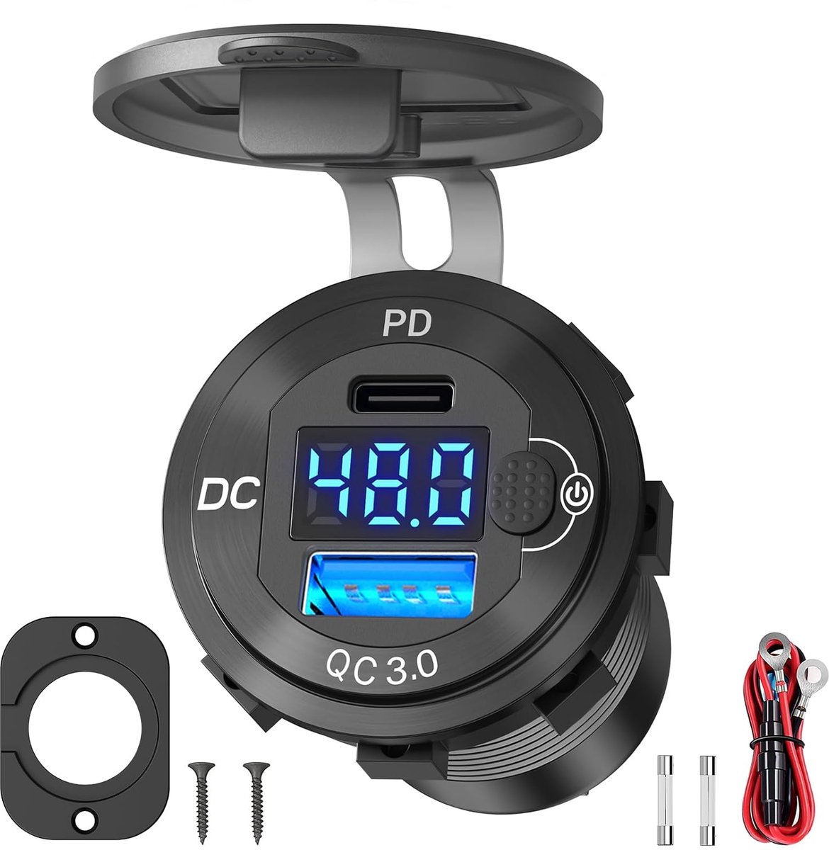 Voltage USB 12V 24V 36V 48V 60V Aluminum Car Charger Socket, PD 30W USB C and QC 36W Car USB Port Waterproof Cigarette Lighter Power Adapter DIY Kit with Button Switch for Ship Truck, etc.