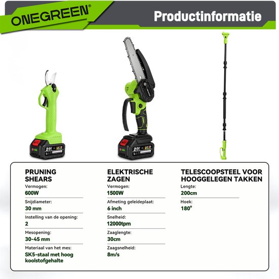ONEGREEN Accu Kettingzaag + Telescopische Steel - Elektrische Snoeischaar - met 2x 4000 mAh Accu's - Automatische Kettingsmering - Brushless - voor boomtakken, houtzagen — afbeelding 3