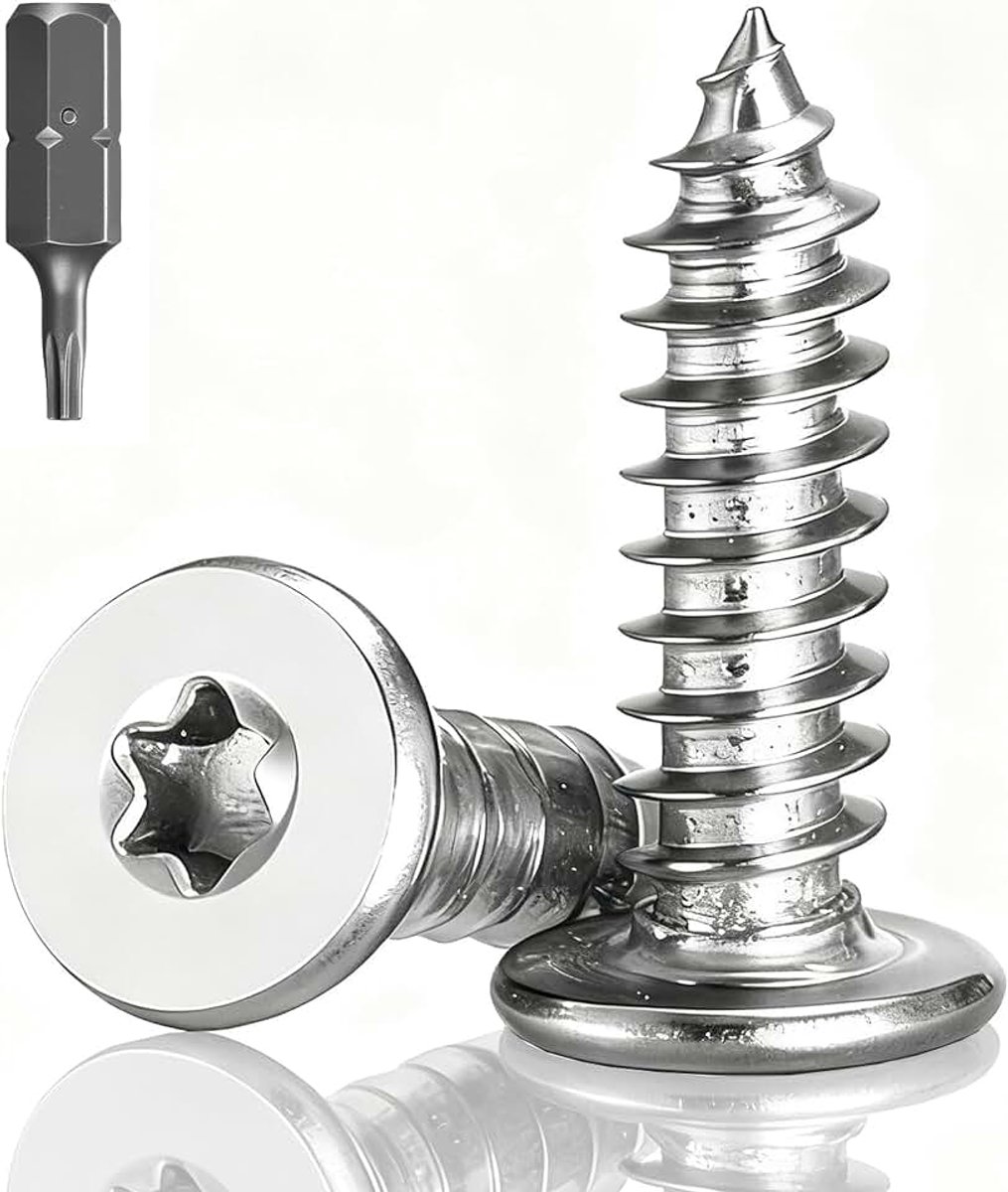 100 stuks houtschroeven roestvrij staal, M3 x 10mm platte kopschroeven Torx, 304 roestvrij stalen schroeven voor hout, verzonken kopschroeven roestvrij staal met volledige schroefdraad met T8