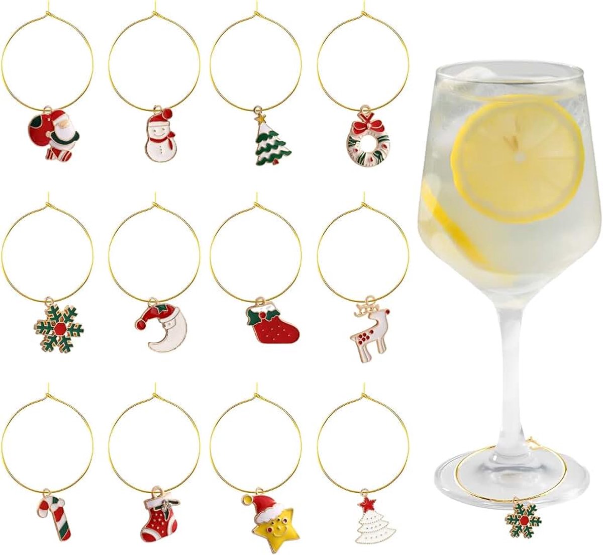 Glasmarkeringen, drinkglazen met kerstthema, herbruikbaar, markeren, wijnglashangers voor feest, wijn, cocktail, champagne, decoratie, 25 mm, Metaal, Edelsteen