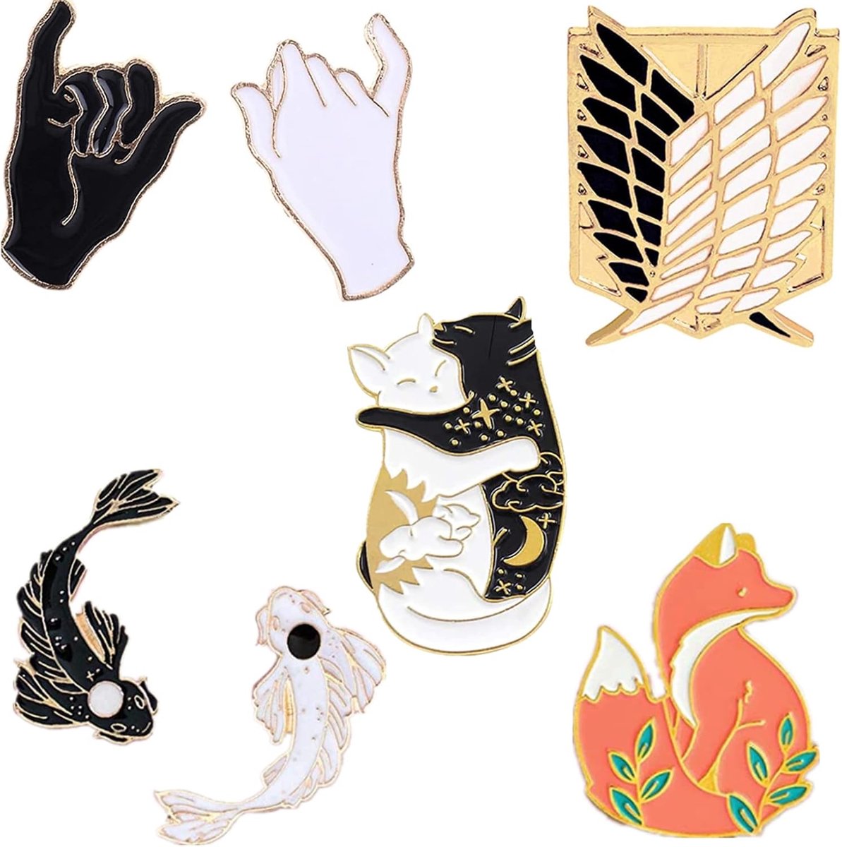 7 Set Mooie Zwart-Wit Vis Broche, Leuke Emaille Broche Pins-Cats Knuffel Cartoon Leuke Emaille Broche Pins Pinky Belofte Bijpassende Emaille Reversspeldjes Harde BFF Emaille Pin, Andere