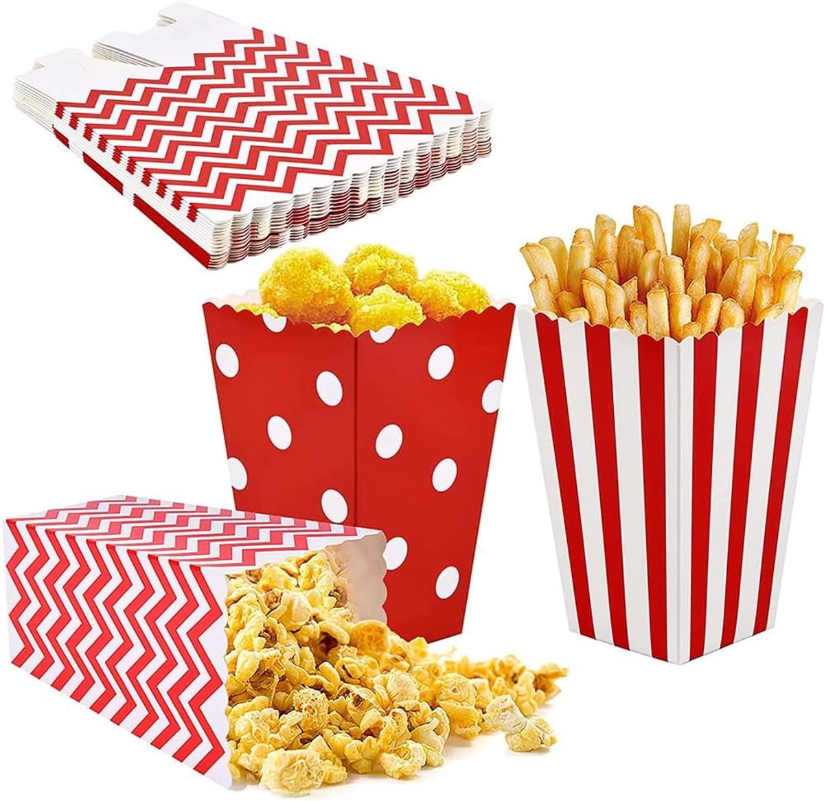 35 stuks popcornboxes, snoepcontainers, popcornboxes, treat Candy boxes, 3 patronen, niet gemakkelijk vervormbaar, voor feestzakjes, familiefeest, bioscoop, verjaardagsfeest (rood)