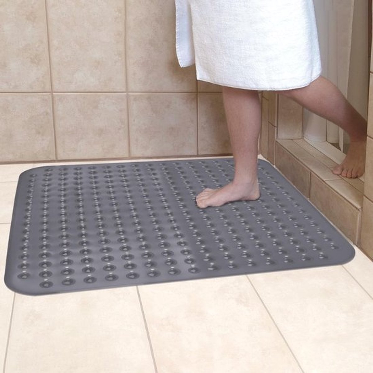 Antislip badmat grijs machinewasbaar pvc 80 x 80 cm afvoergaten - voor natte ruimtes
