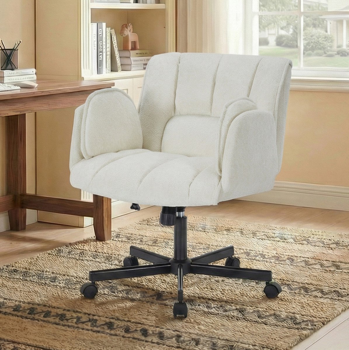 STILVORA Bureaustoel 60 x 68 x 86 cm - Hoogte Verstelbaar Met Wegklapbare Armleuningen - Voor Thuiskantoor - Stoffen Bekleding Beige