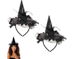 Set van 2 – Heksenhoed-haarband – Hoofddeksel in tovenaarsstijl – Halloween-haarband – Verendecoratie – Geschikt voor cosplay, Halloween, 1 april, verkleedfeesten – Zwart