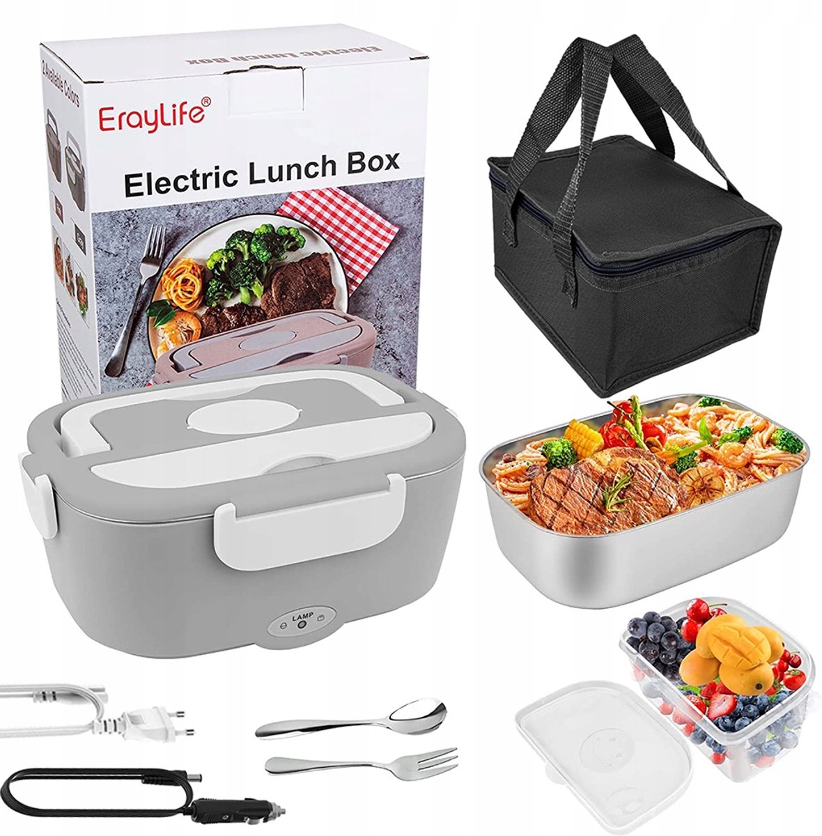 Elektrische Lunchbox - Verwarmde Bento Box - Thermos Lunchbox - Autolunchbox Elektrisch - 1,5L - RVS Binnenbak - Lekvrij - 12V/24V/220V - met Isolatietas & Bestek - Draagbare Broodtrommel - Voor Auto & Thuis & Kantoor