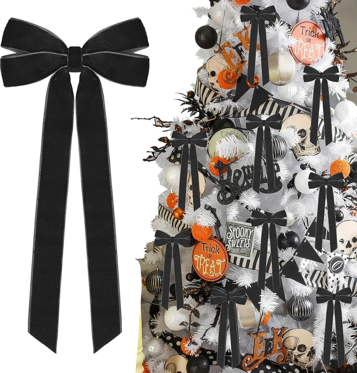 12 stuks - zwarte fluwelen lint strik Halloween boomversiering, 2,5*13*26CM kerstboom huisfeest voordeur krans feestdecoratie