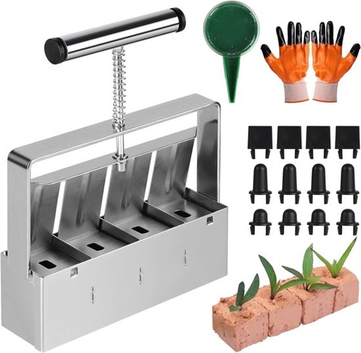 Allecto Plus - Handmatig aardingsblok voor 4 aardblokken - Zaaien en verplanten gemakkelijk gemaakt met grondboor en handschoenen - Inclusief kunststof stop - Geschikt voor zaden - 45 x 5 cm
