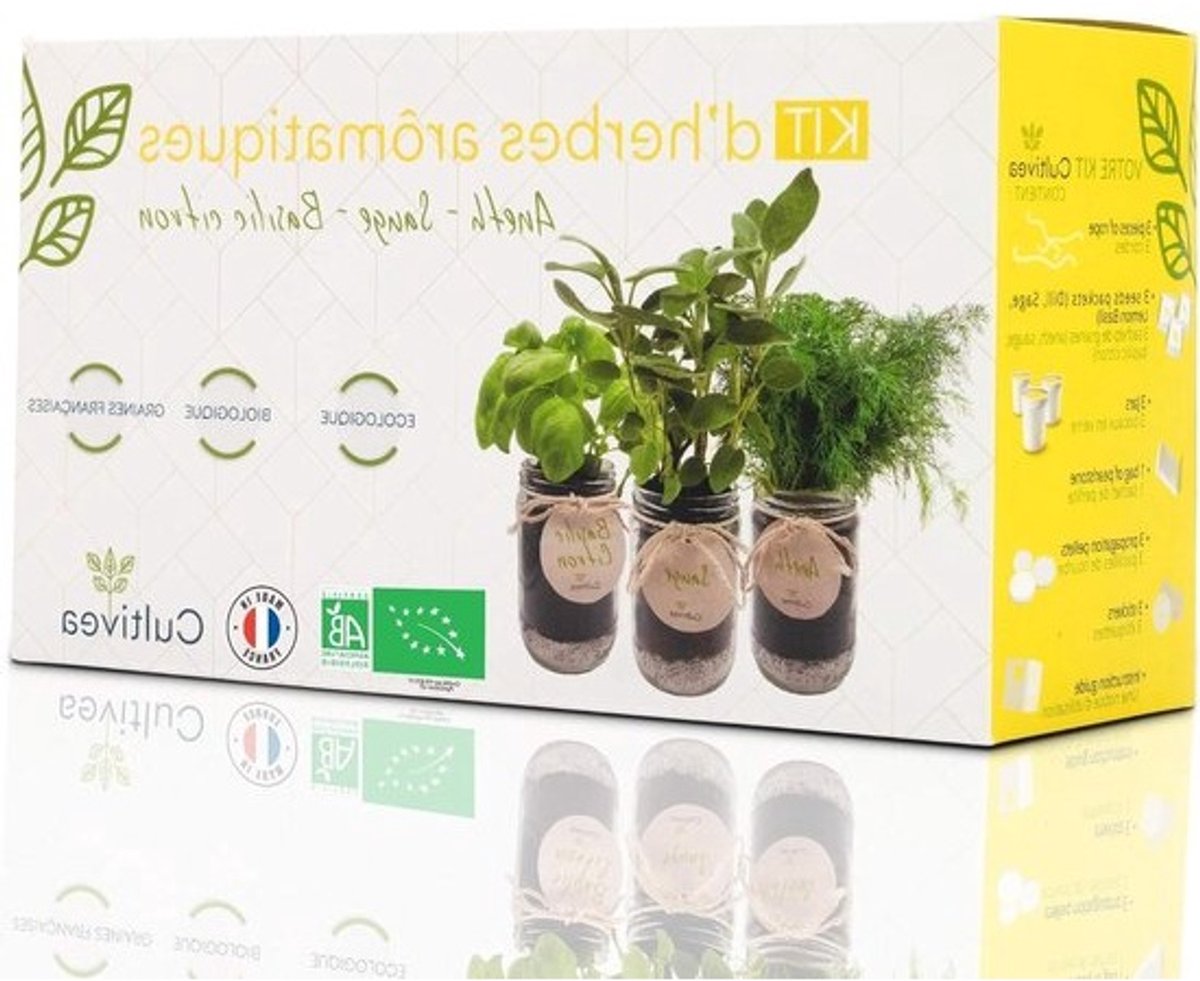 Aromatische Kruidenkweekkit - Franse zaden 100% ecologisch en biologisch - Groentetuin binnenshuis - Plant (Basilicum Peterselie en Bieslook) - Cadeau-idee (Sauge Aneth Basilicumcitron)