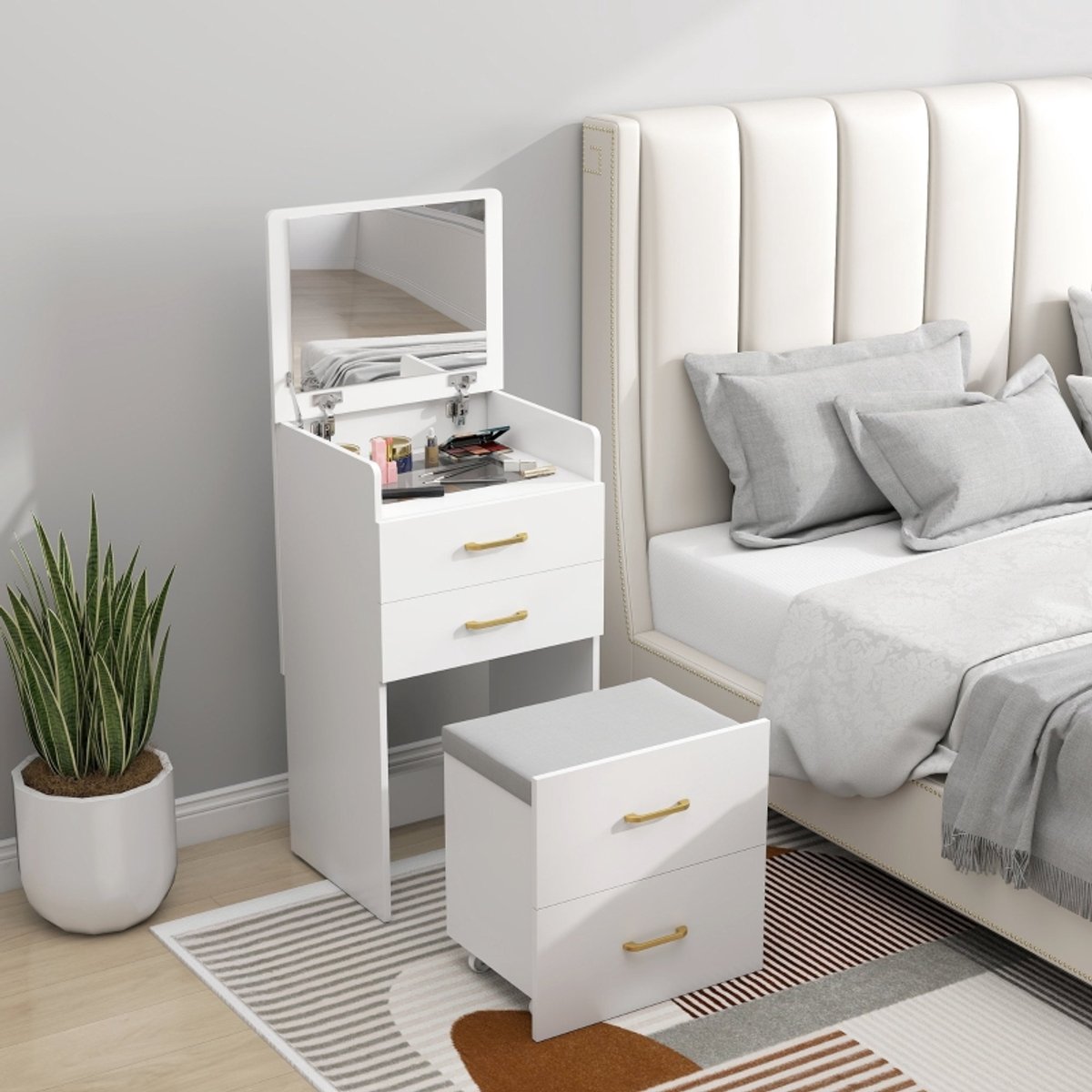 Zubaliya Kaptafel 3-in-1 met spiegel en verrijdbare kruk - wit - 48 x 40 x 90 cm