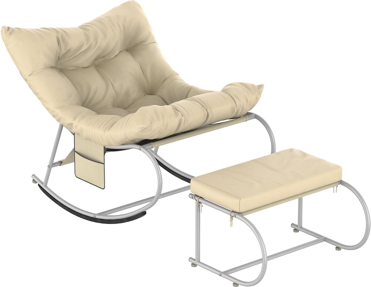 Soontrans - Schommelstoel Met Kruk - Rocking Chair Stalen Frame - Comfortabele Relaxstoel - Hoge Draagkracht - Voor Woonkamer En Balkon - Beige