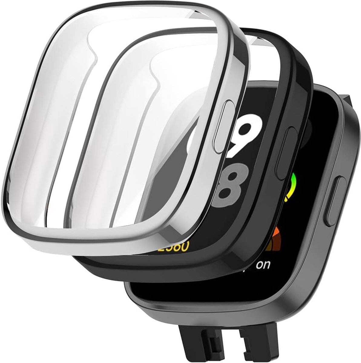 Hoes compatibel met Redmi Watch 3, beschermhoes en beschermfolie, krasbestendig, displaybescherming, siliconen, volledige bescherming, zwart en zilver, 2 stuks
