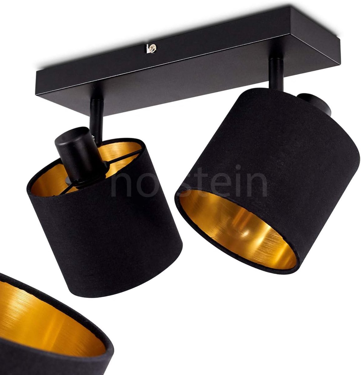 Plafondlamp Alsen, metaal/stof plafondlamp in zwart/goud, 2 vlammen, met verstelbare spots, 2 x E14, spot met stoffen kappen in retro/vintage design, zonder gloeilamp