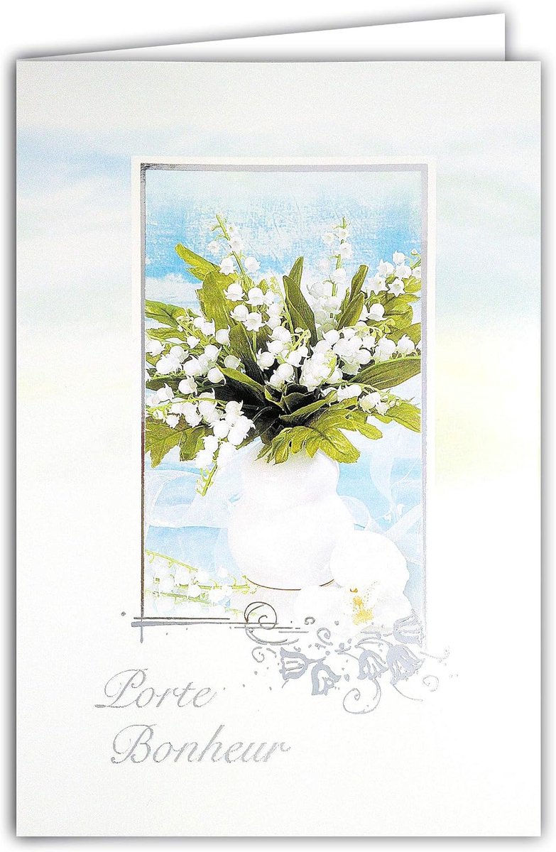 35-057 kaart met envelop, zilverkleurig, glanzend, 13 witte belletjes, 1 mei, bloemen, orchidee, party, lente