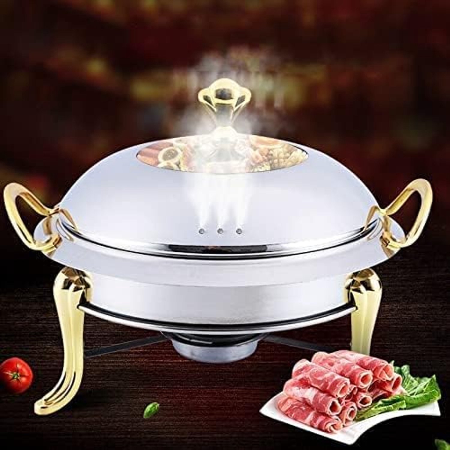 Hotpot RVS Hotpot Set Mini Hotpot Pannenlap Gehard Glazen Deksel Goud Zilver Komfoor Buffetpan Voedselbak Warmer RVS Shabu Hot Divider Hot Pot Soeppan, Goud 20cm