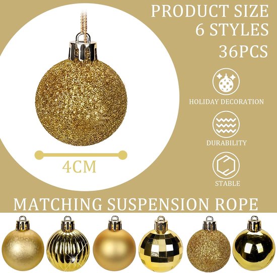 36 stuks gouden kerstballen voor kerstboom, 4 cm mini onbreekbare plastic kerstballen ornamenten met touwtjes, 6 design kerstballen hangende ballen voor binnen, buiten, Kerstmis, vakantie — afbeelding 2