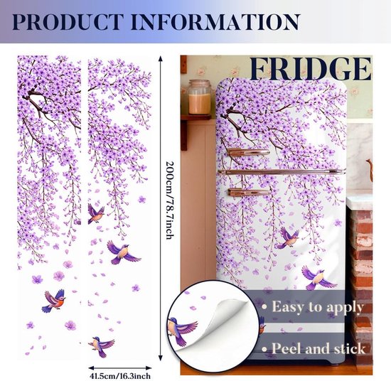 2 stuks paarse bloesem en vogel patroon verwijderbare koelkast wraps, zelfklevende koelkast deur muurschildering vinyl vriezers paneel cover sticker voor keuken bar decor, 41,5 x 200 cm — afbeelding 5