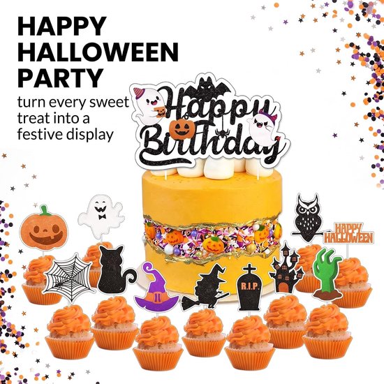 25 stuks Halloween-taartdecoraties voor verjaardag, set met 1 grote Happy Birthday-topper en 24 glinsterende cupcake-toppers voor taarten, muffins en themafeesten, pompoen, geest, heks — afbeelding 3