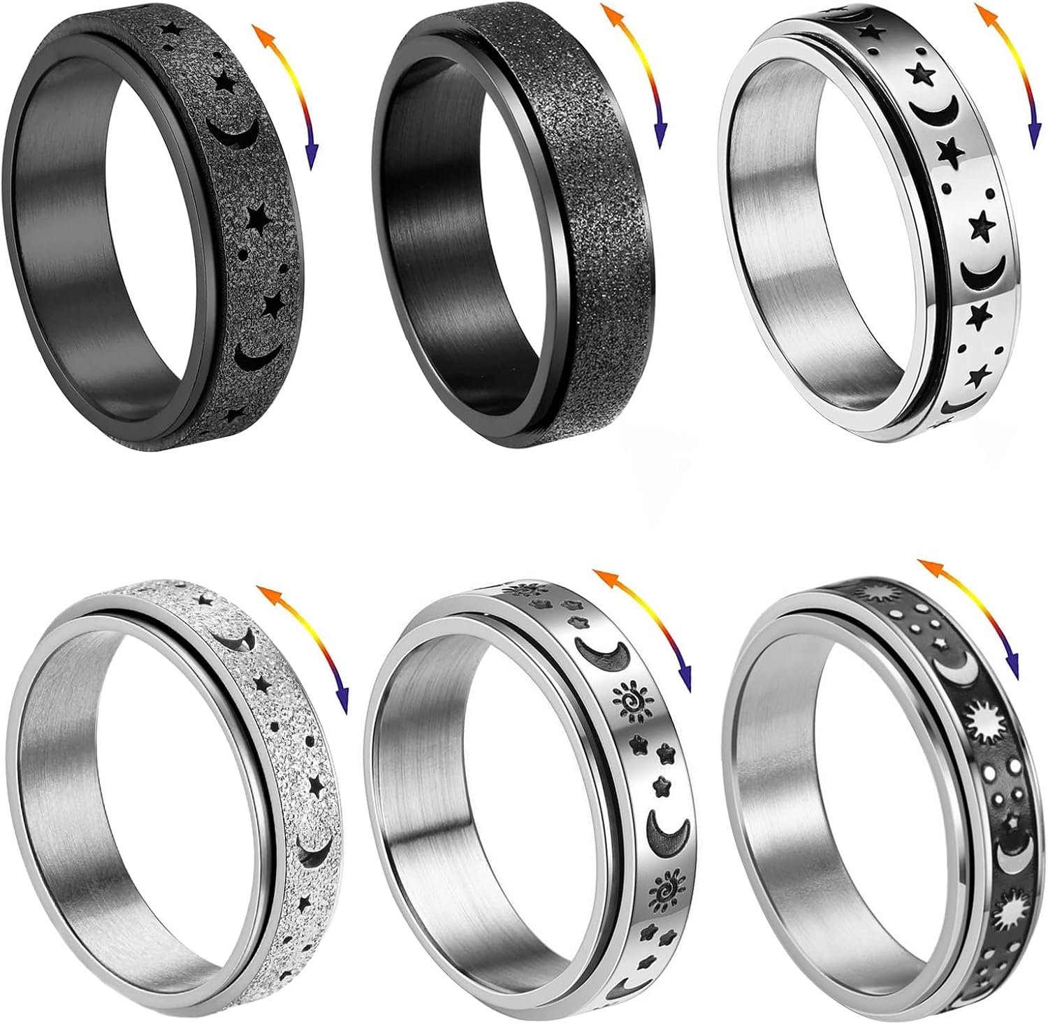 6pcs stainless steel ring set mens spinner rings for women fidget band rings for women men - ShopVlot