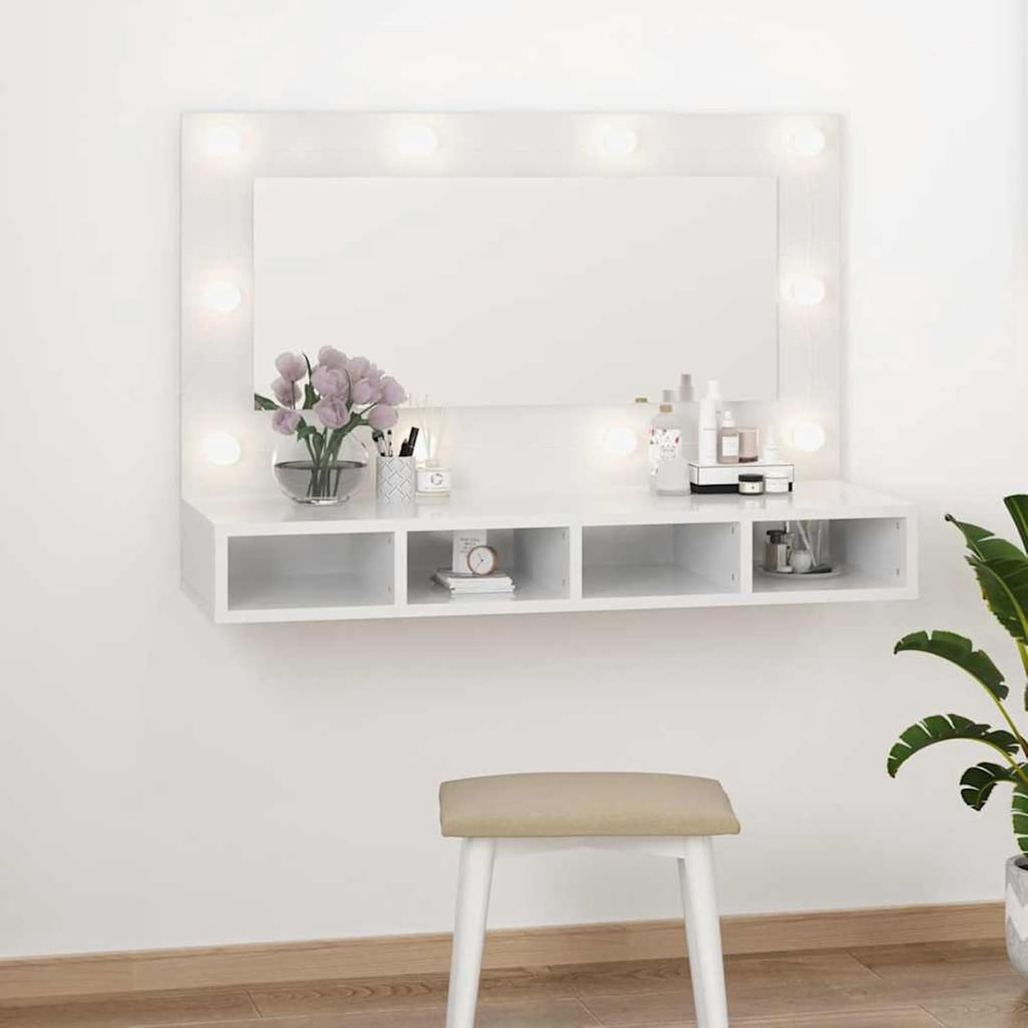Spiegelkast led, hoogglans wit, 90 x 31,5 x 62 cm, houtmateriaal met acrylspiegel, voor badkamer en hal