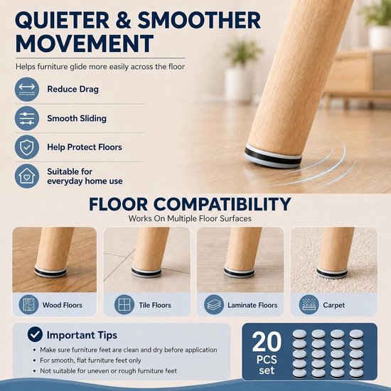 20 Stuks PTFE Meubelglijders Zelfklevend Ø20 mm, Ronde Stoelglijders voor Stoelen, Tafels en Krukken, Meubelglijders voor Parket, Laminaat, Tegels, Hout en Tapijt — afbeelding 5