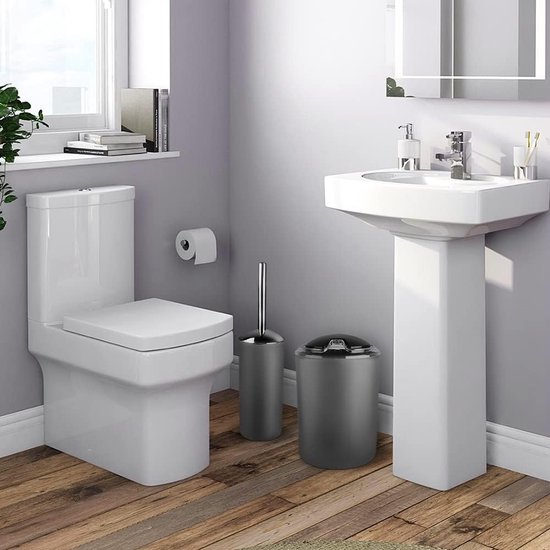 Lyrlody Wit/Zwart/Grijs Badkamerset WC-Set Zeepdispenser Zeepbakje Tandenborstelhouder Tandenborstelbeker Toiletborstel Vuilnisbak voor badkamer, huis of hotel, 6 stuks (grijs) — afbeelding 5