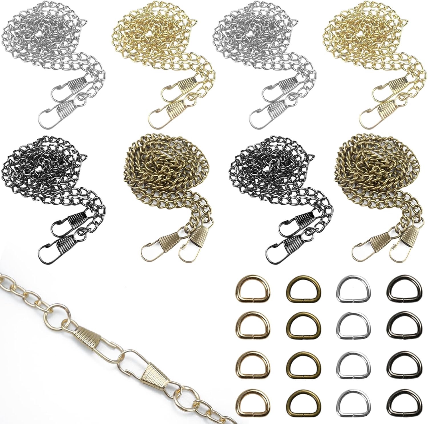 Tasketting, 8 stuks, zakketting, zilver met 16 D-ringen, zakketting, goud, zakketting met gespen, geschikt voor schoudertas, crossbody handtas, 4 kleuren beschikbaar (120 cm)