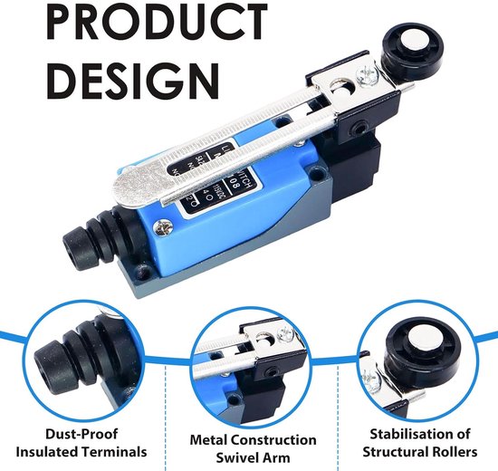 2 stuks Me-8108 waterdichte eindschakelaar, 250 V, industriële mini-eindschakelaar met rolhendel, mechanische positieschakelaar voor automatisering, machinebouw en elektrische besturingen — afbeelding 5