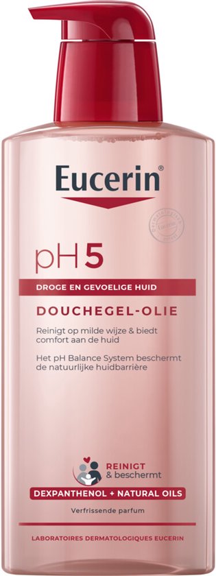 Eucerin pH5 Douchegel-Olie, 400ml. Voor droge en gevoelige huid. Reinigt mild, beschermt de huidbarrière. Dexpanthenol + Natural Oils.