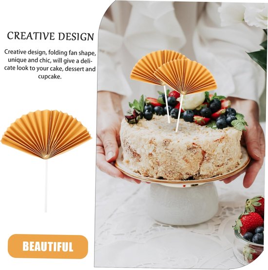 16 Stuks Delige Papieren Vouwwaaier Cake Toppers Gouden Decoratieve Taartprikkers voor Verjaardag Bruiloft Feestaccessoires voor Unieke Themafeesten — afbeelding 4