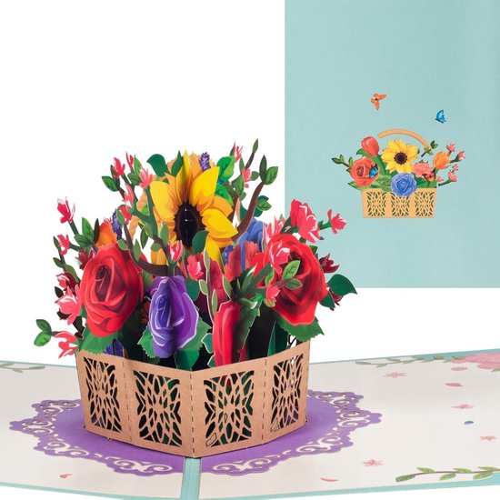 3D pop-up verjaardagskaart, Valentijnskaart, bedankkaart, afstudeerkaart, kaart voor verjaardag, bruiloft, jubileum, verloving, Valentijnsdagkaart met envelop, rozen en zonnebloemen, bloemenmand — afbeelding 2