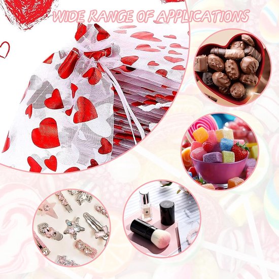 200 stuks organza geschenkzakjes, liefdeshart, organza zakjes, trekkoord, zakjes, 9 x 12 cm, organza sieradenzakjes, gunstzakjes voor Valentijnsdag, bruiloft, Kerstmis, feest, snoep, cadeau — afbeelding 5
