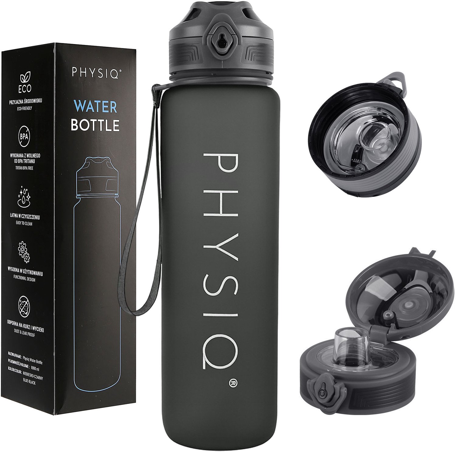PhysiQ Tritan Water Bottle 650ml - Leak-proof, Grey, Gym & School