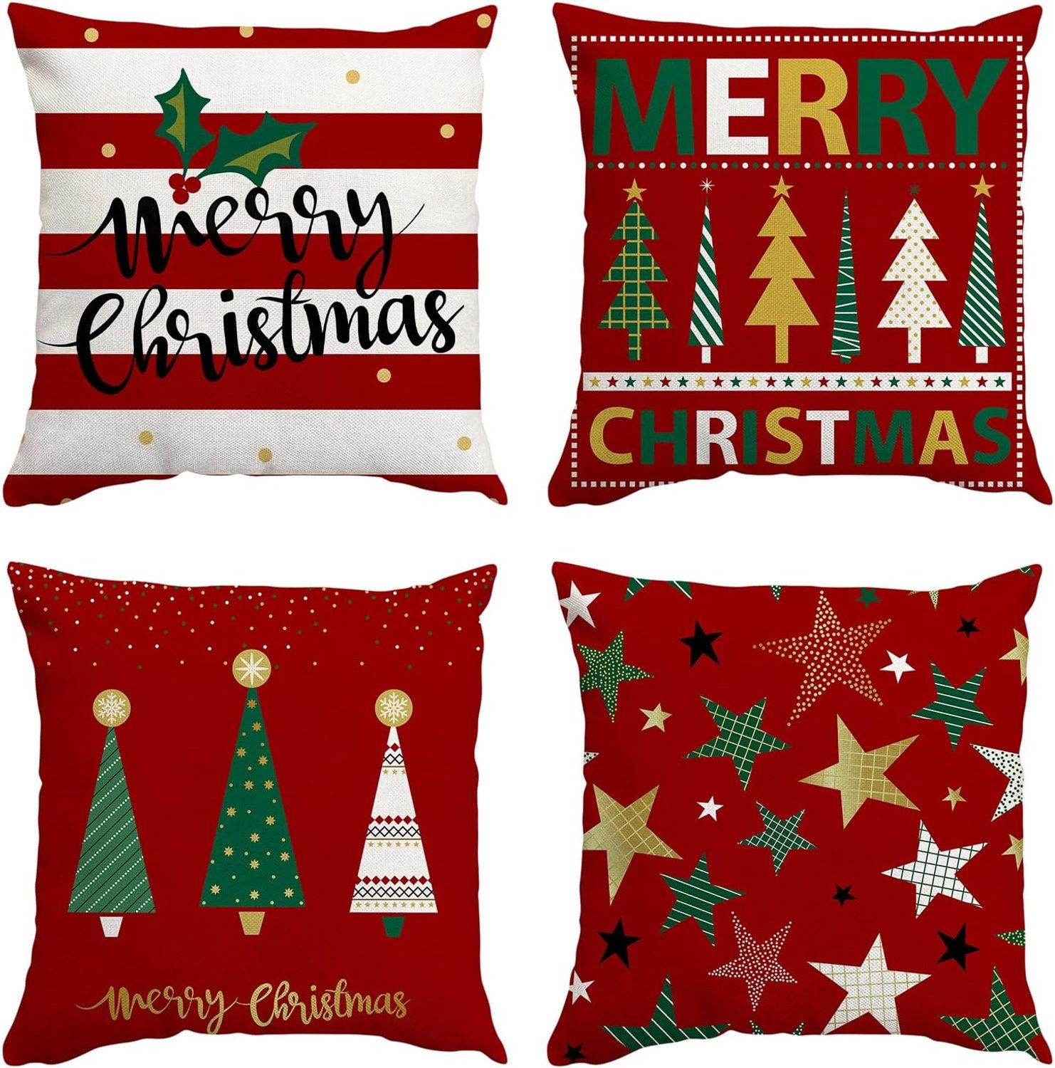 Moerstar 4 stuks kerstkussenslopen, kussensloop 45 x 45 cm, kerstboom sneeuwvlokken linnen, kerstkussenslopen voor woonkamer, slaapkamer, kerstdecoratie (A)