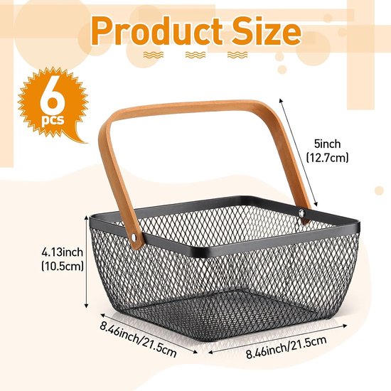 6 stuks metalen gaas stalen mand met handvat kleine winkelmandjes vierkante draad oogst opbergmand voor keuken opslag tuin picknick badkamer organiseren, 20 x 20 x 10 cm (zwart) — afbeelding 3
