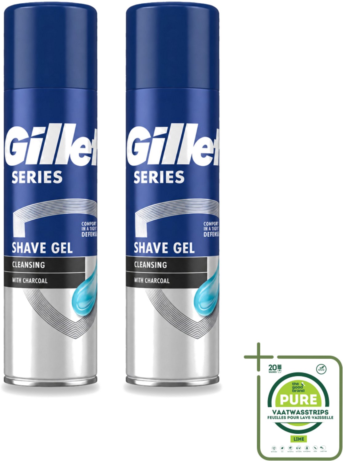 2 x Gillette Series - Scheergel - Cleansing - Charcoal - Verfrissend en reinigend - 200 ml - Grootverpakking - Vaatwasstrips - Scheergel - Houtskool - Menthol - Reinigen - Schuim