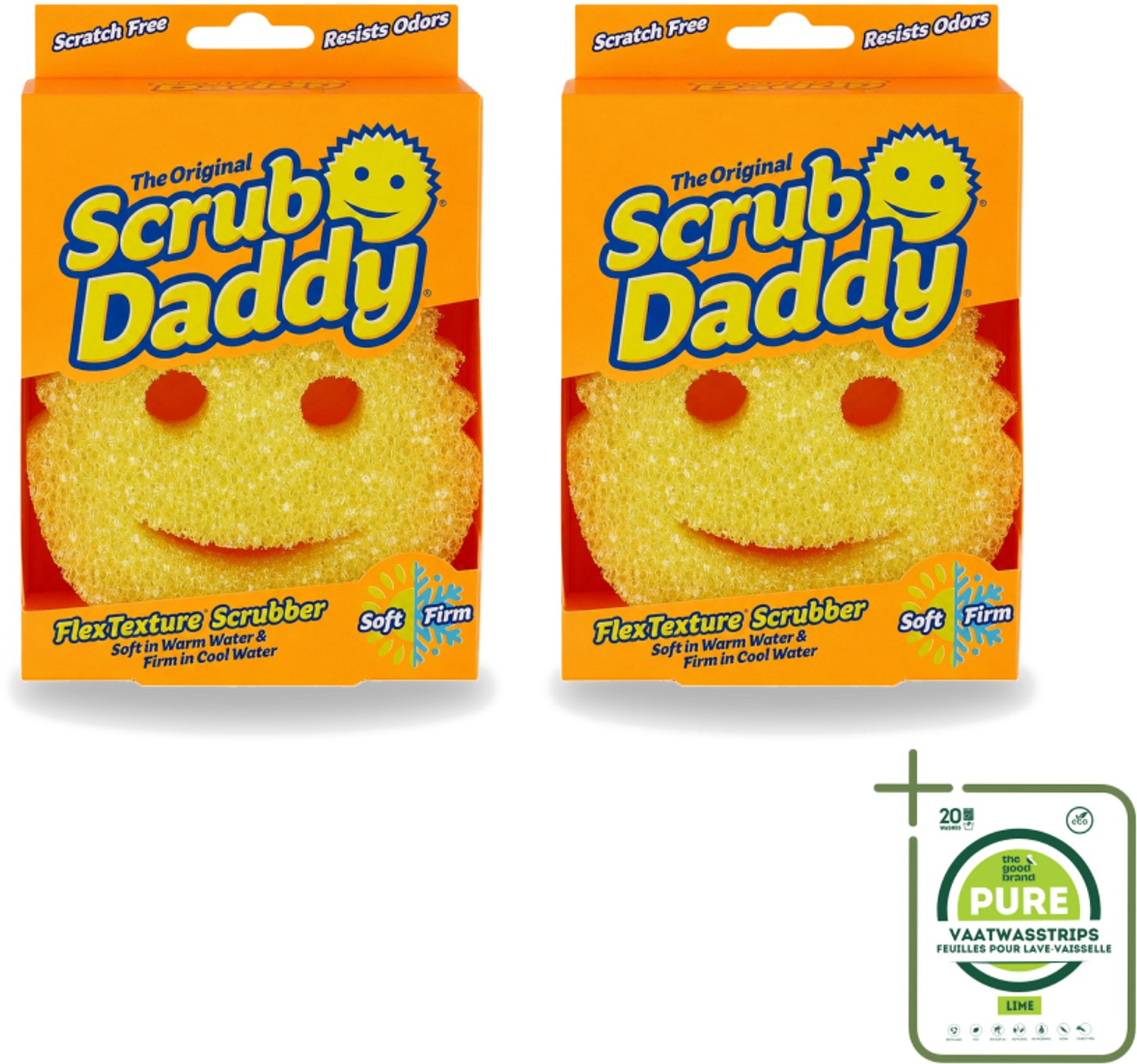 2 x Scrub Daddy - Spons - Veranderende Textuur - 1 Spons - Grootverpakking - Vaatwasstrips - Schoonmaken - Vaat Schoonmaken - Vetvlekken Verwijderen - Koken - Kookgerei Reinigen