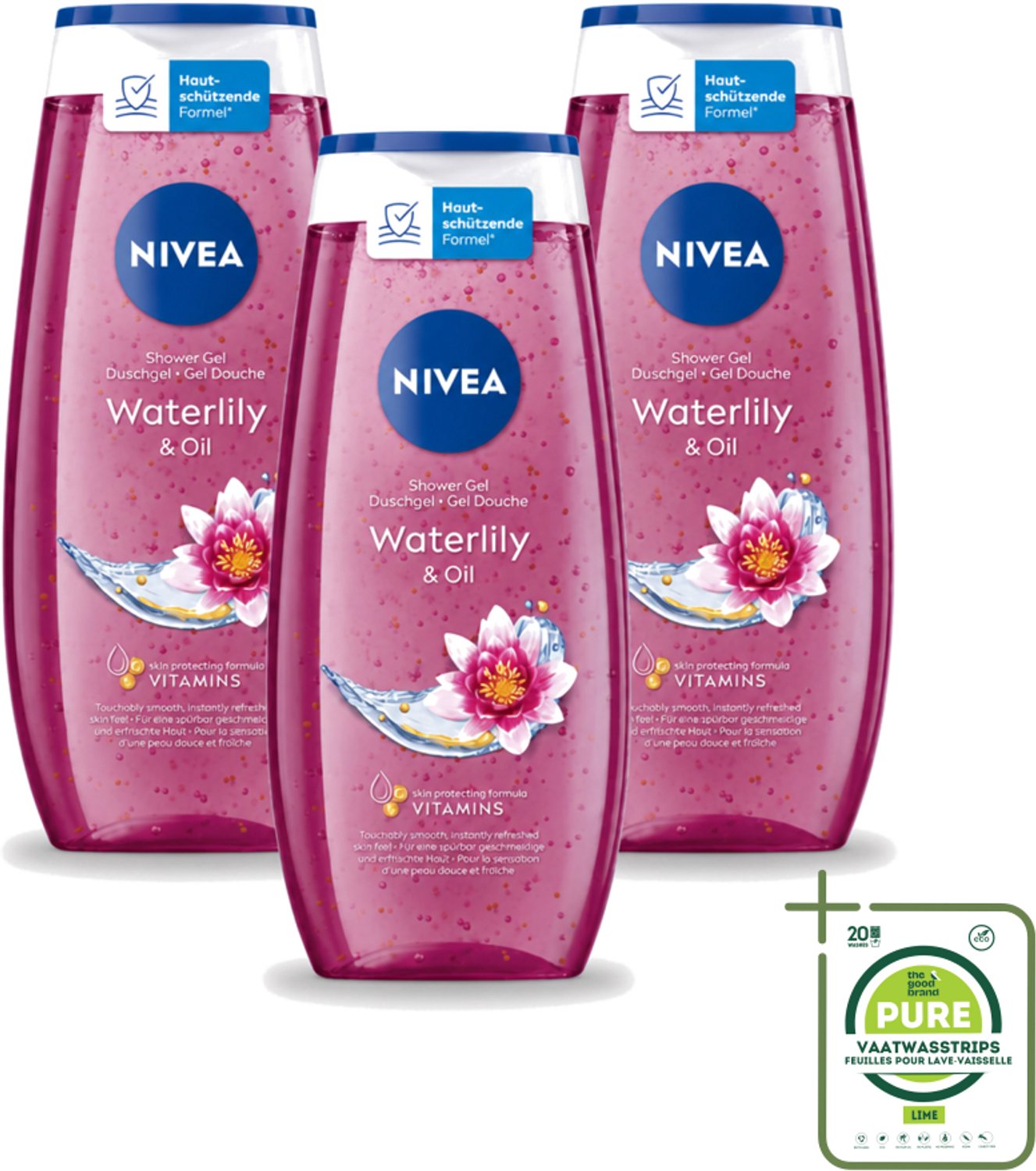 3 x Nivea – Douchegel – Waterlily & Oil – 250 ml - Grootverpakking - Vaatwasstrips - Douchegel - Waterlelie - Huidverzorging - Mild Reinigen - Huidcomfort