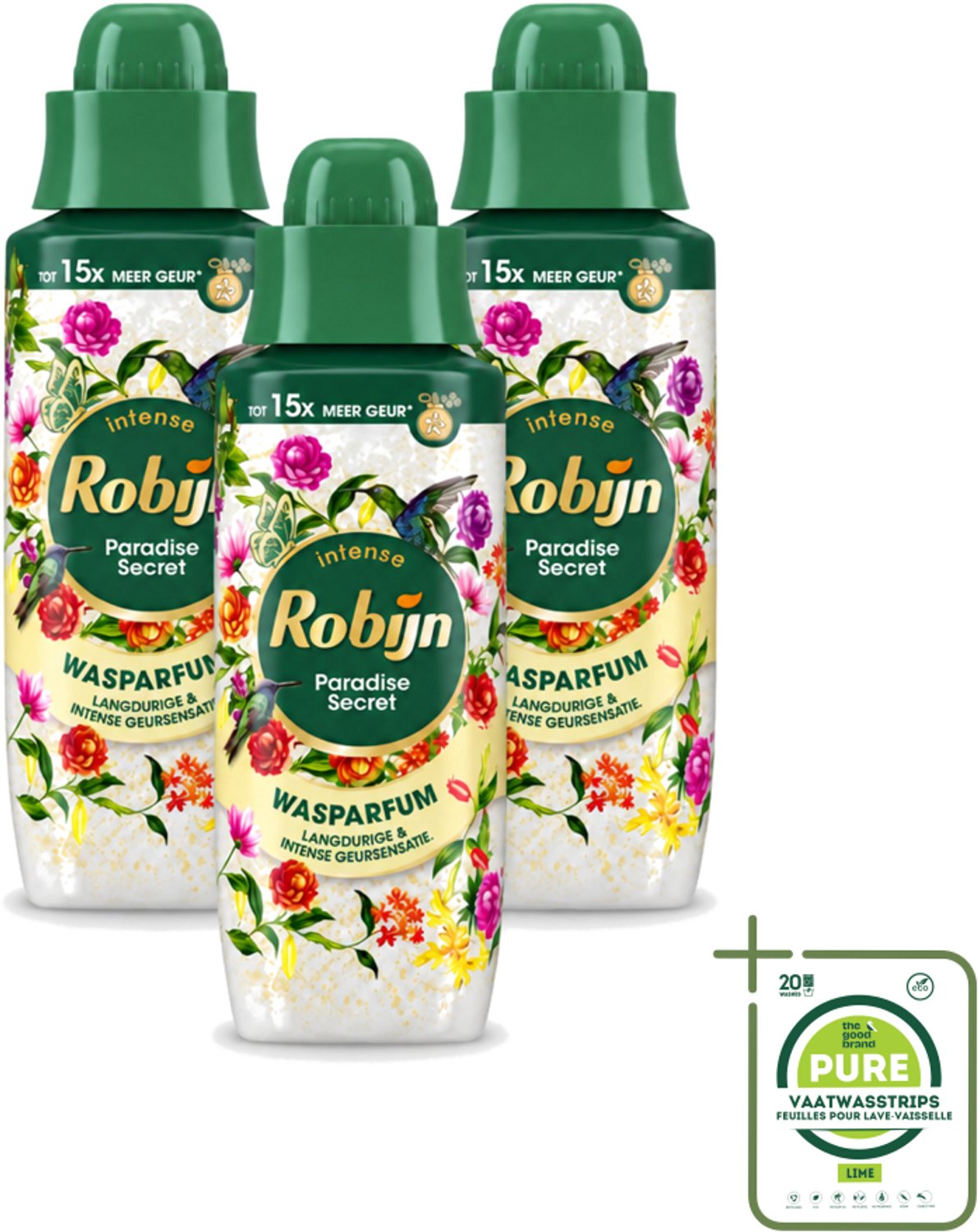 3 x Robijn – Wasparfum – Paradise Secret – 342 ml - Grootverpakking - Vaatwasstrips - Wasparfum - Wasparfum Voor Kleding - Geurboost - Botanische Geur - Wasmiddel