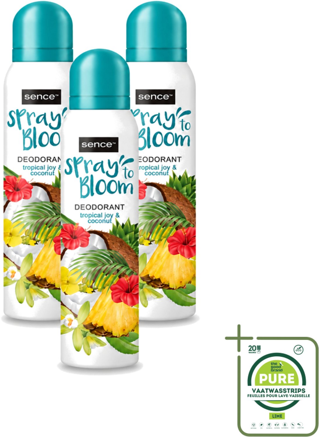 3 x Sence - Tropical Joy & Coconut - Deodorant - Exotisch - 150 ml - Grootverpakking - Vaatwasstrips - Tropische Geur - Kokos - Exotische Geur - Deodorant - Frisheid