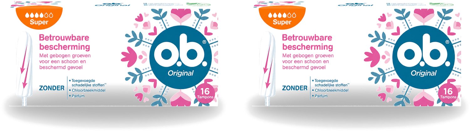 2 x o.b. Tampons - Original Super - Gebogen Groeven - Voor Betrouwbare Bescherming - 16 Tampons - Voordeelverpakking - 2 stuks