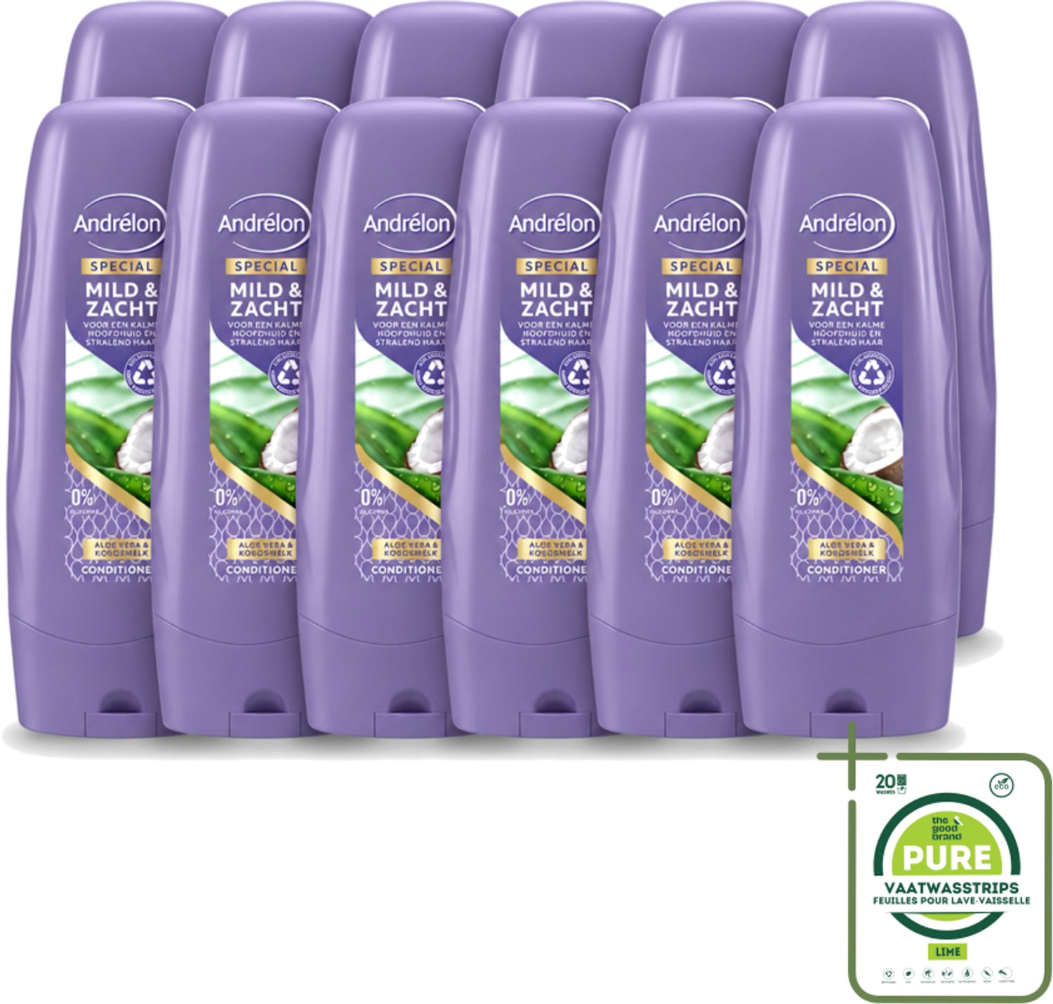 12 x Andrélon - Mild & Zacht - Conditioner - Voor Gevoelige Hoofdhuid - 300 ml - Grootverpakking - Vaatwasstrips - Gevoelige Hoofdhuid - Droge Hoofdhuid - Mild Haarverzorging - Zachte Haar - Glanzend Haar