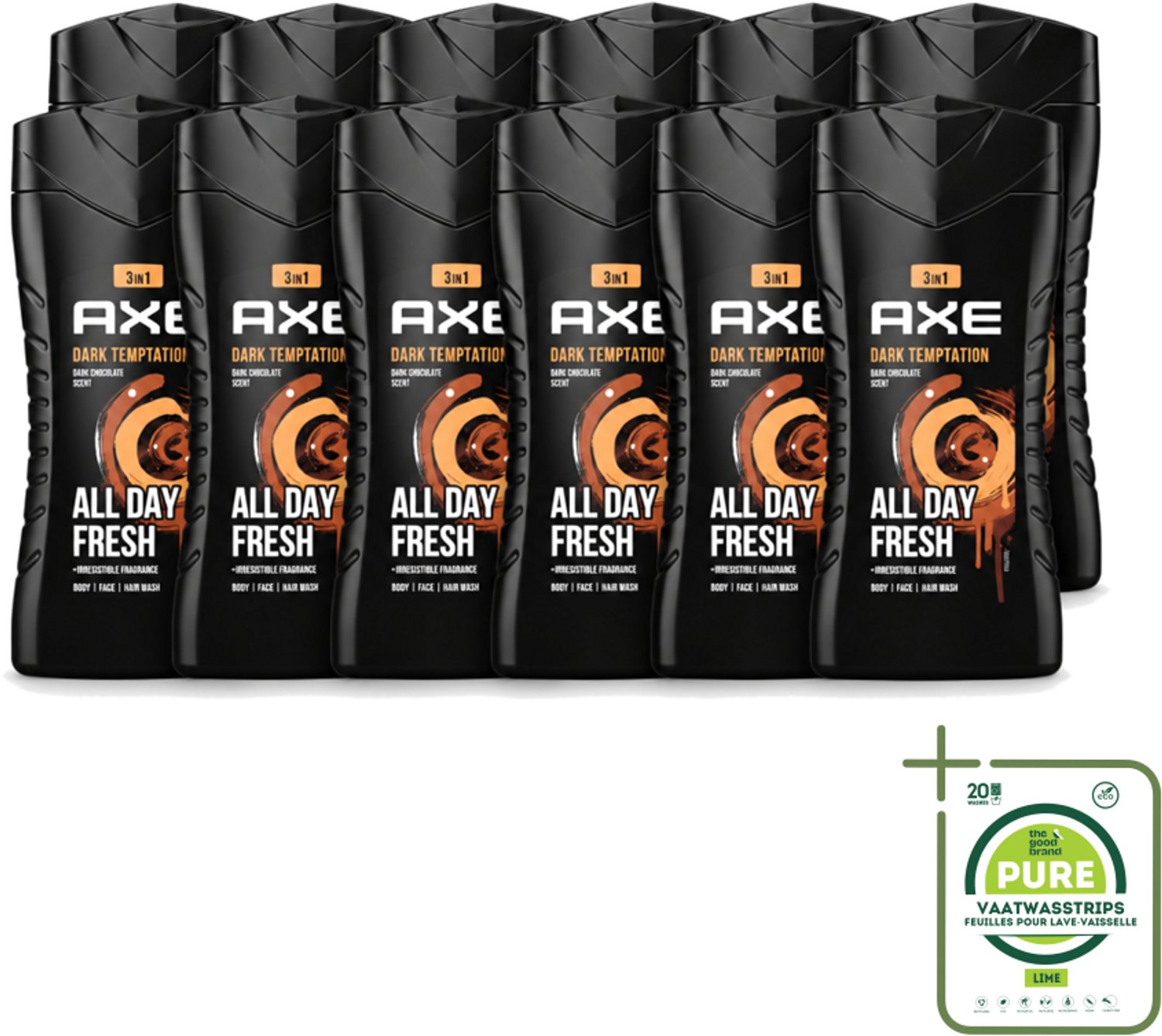 12 x Axe - 3-in-1 Douchegel - Dark Temptation - Dark Chocolate - 250 ml - Grootverpakking - Vaatwasstrips - Douchegel - Chocolade - 3-in-1 - Lichaam - Gezicht