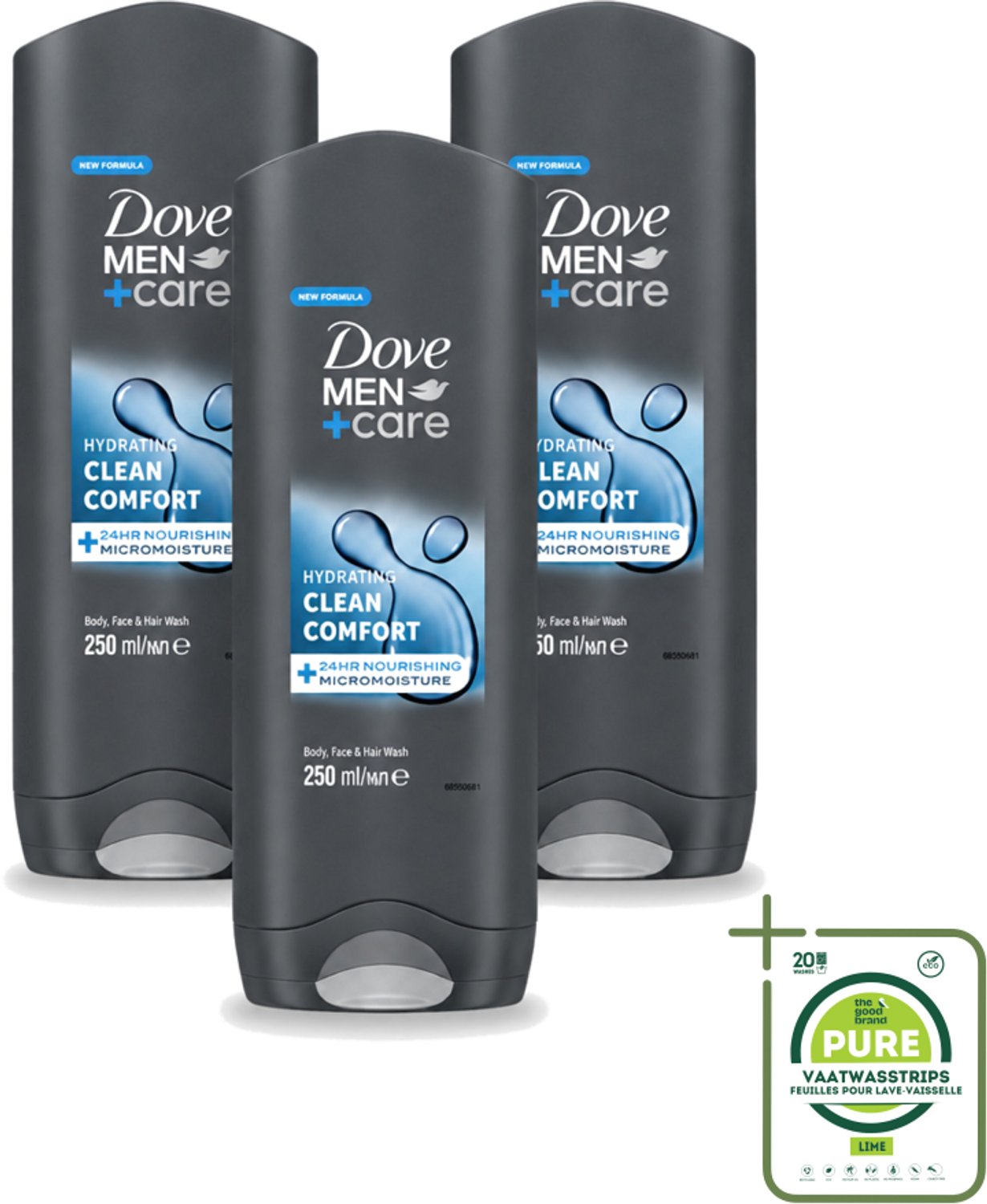 3 x Dove - Douchegel - Men+ Care Clean Comfort - Comfort en verzorging - 250 ml - Grootverpakking - Vaatwasstrips - Douchegel - Fris - Energie - Reiniging - Hydraterend